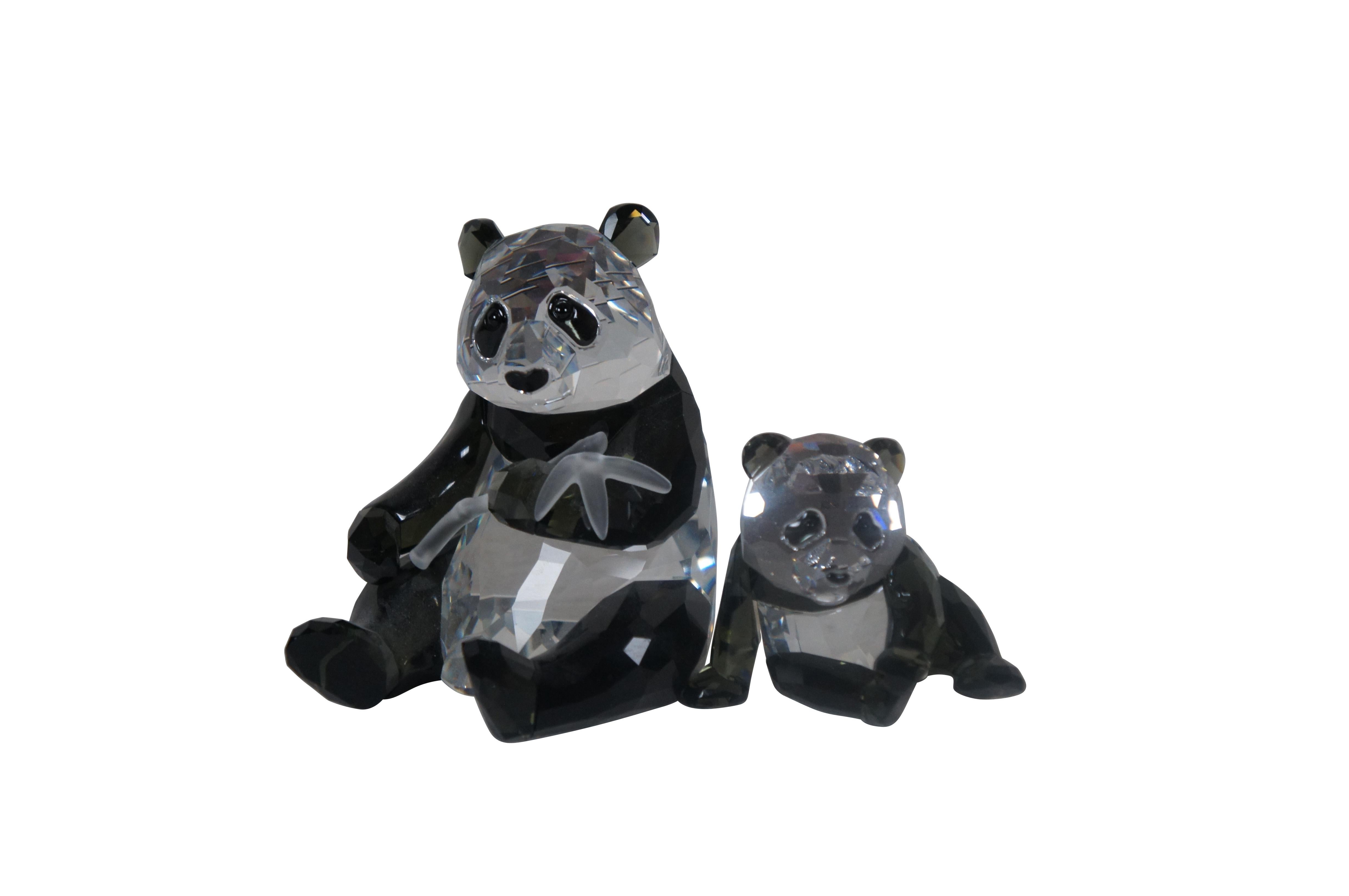 Swarovski Collectors Society 2008 Annual Edition Endangered Wildlife series, Pandas. Black and clear crystal figurine pair depicting a mother / adult panda holding a frosted stalk of bamboo and a baby panda. Includes Certificate of authenticity and