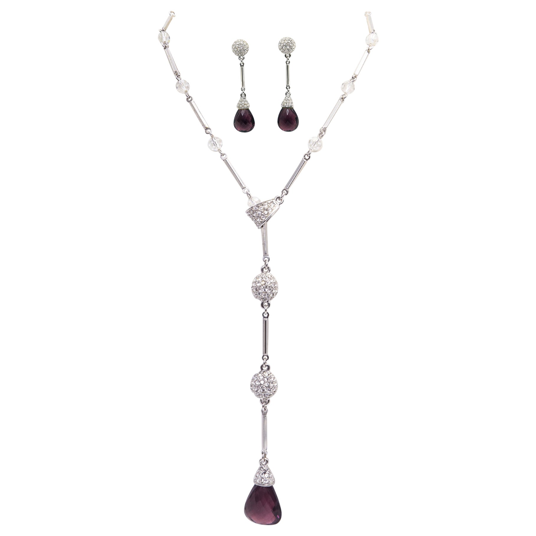 Swarovski Signed Crystal Purple Faux Amethyst Drop Necklace and Earrings Set