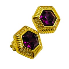 SWAROVSKI signed gold amethyst crystal designer runway clip on earrings
