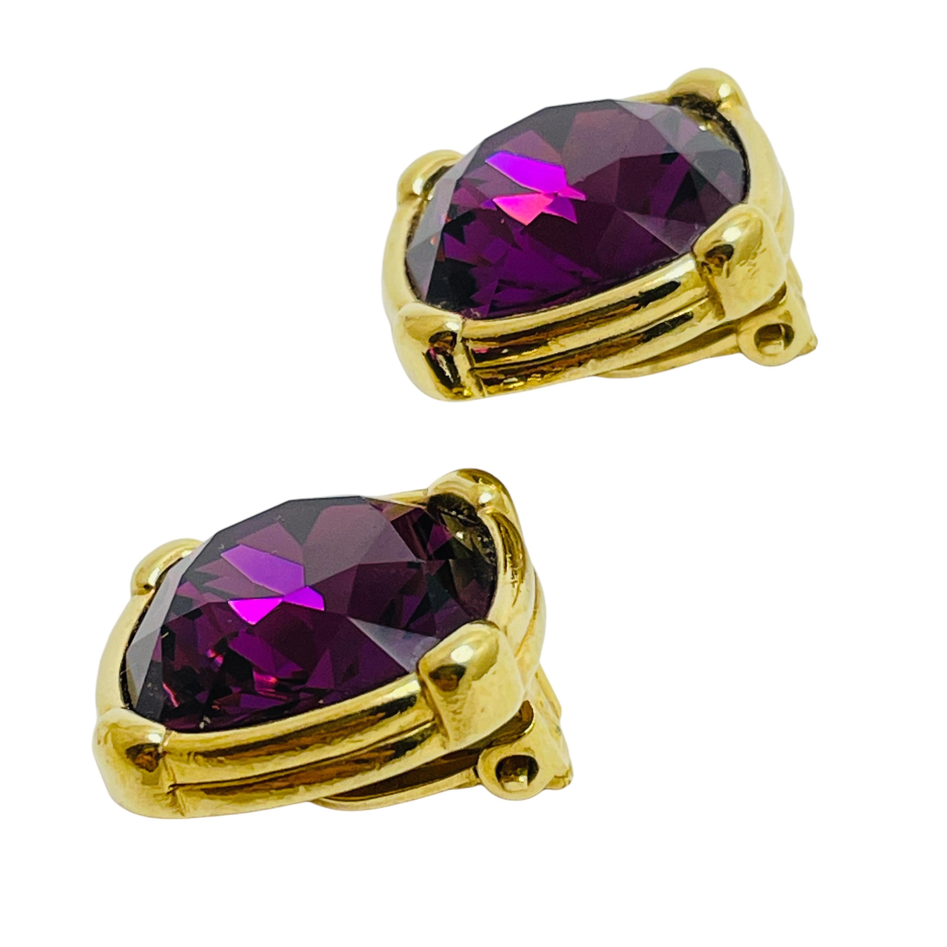 SWAROVSKI signed gold amethyst crystal designer runway clip on earrings In Good Condition For Sale In Palos Hills, IL