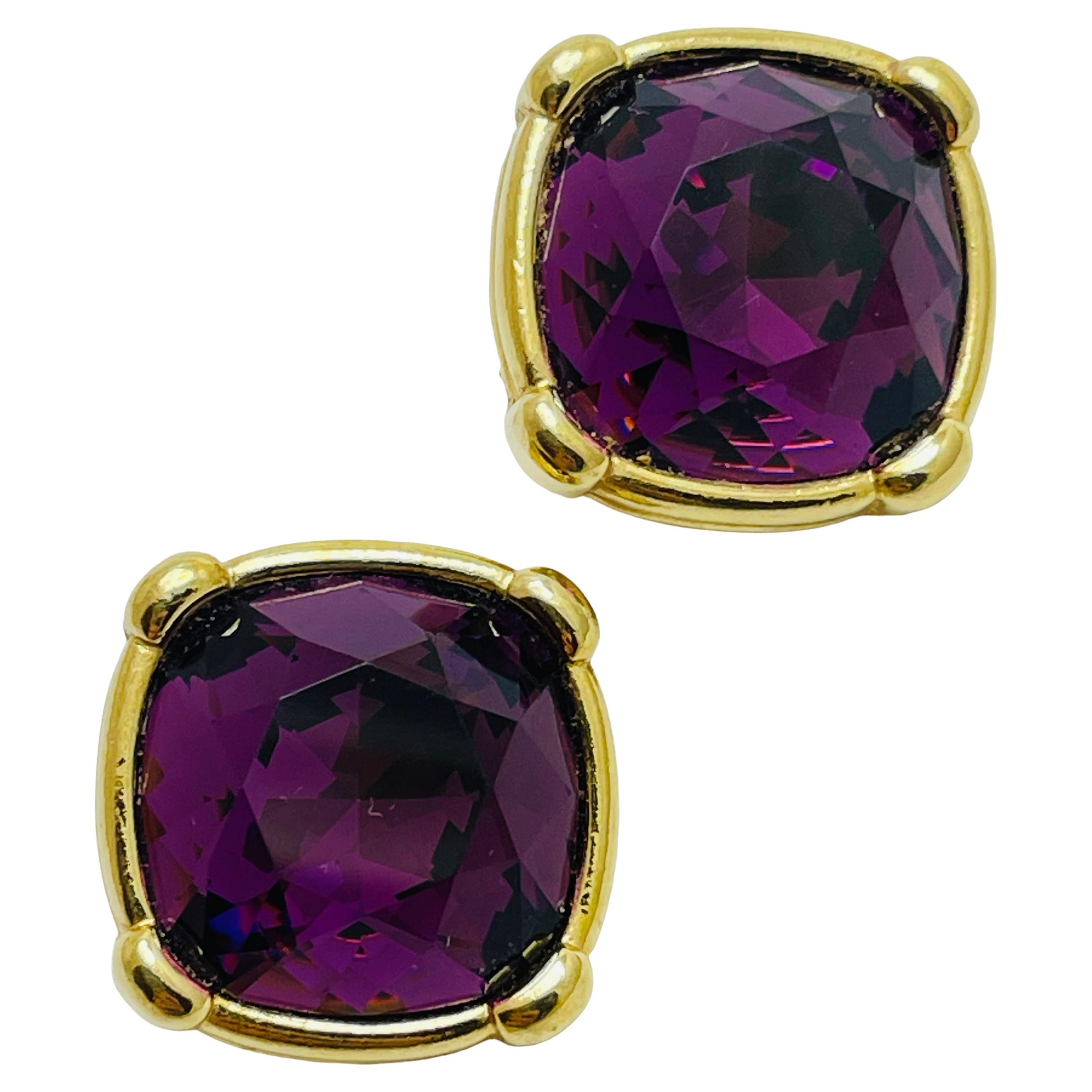 SWAROVSKI signed gold amethyst crystal designer runway clip on earrings For Sale