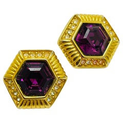 SWAROVSKI signed gold amethyst crystal designer runway clip on earrings