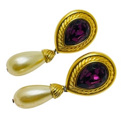 SWAROVSKI signed gold amethyst crystal pearl designer earrings