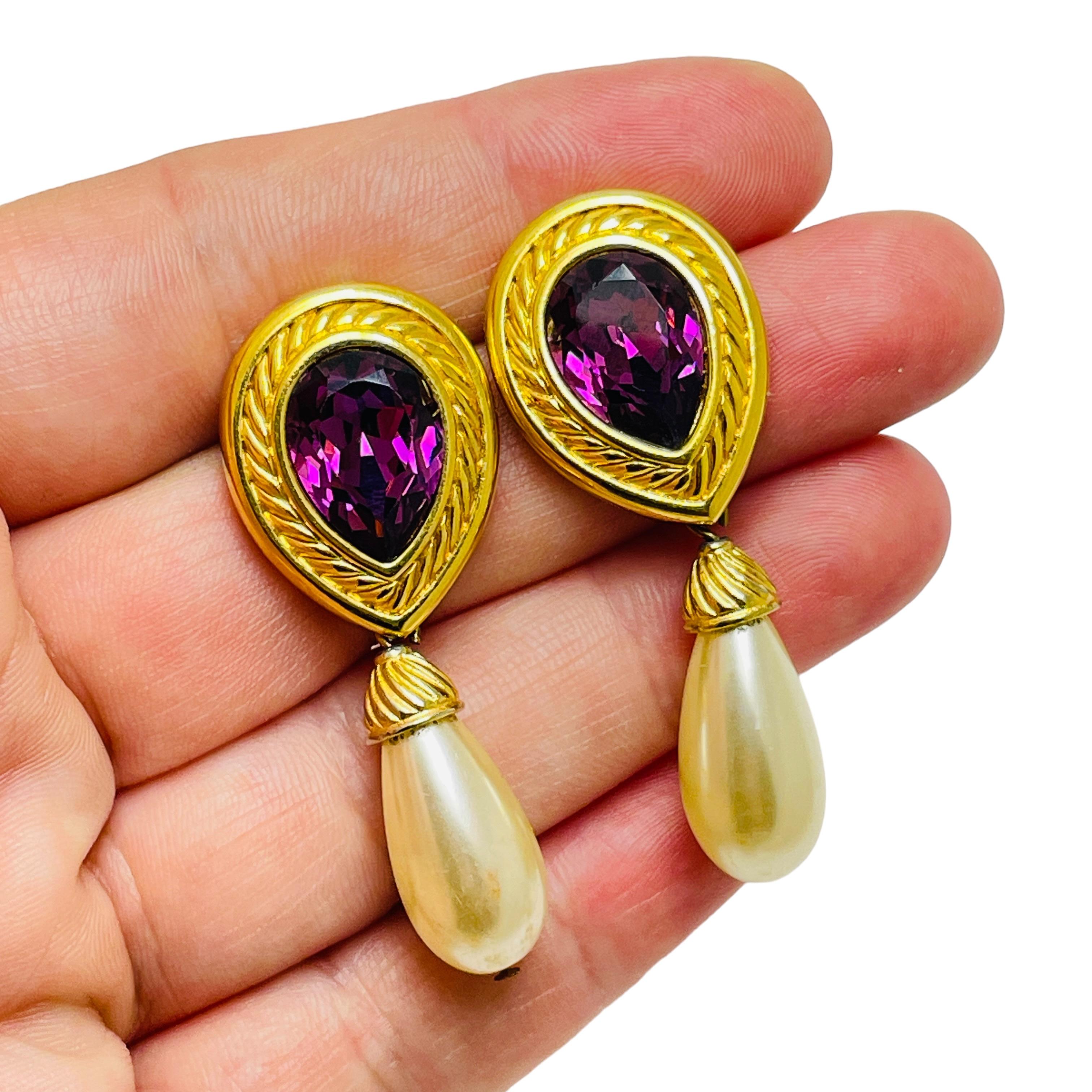 Women's SWAROVSKI signed gold amethyst crystal pearl designer earrings For Sale