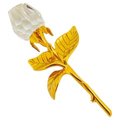 SWAROVSKI broche de oro firmado cristal rosa flor diseñador pasarela