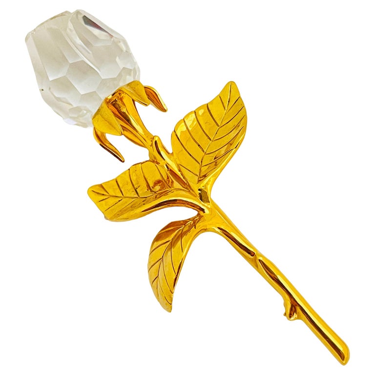 SWAROVSKI signed gold crystal rose flower designer runway brooch