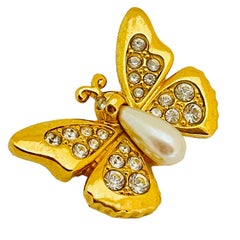 SWAROVSKI signed gold pearl crystals butterfly designer runway brooch