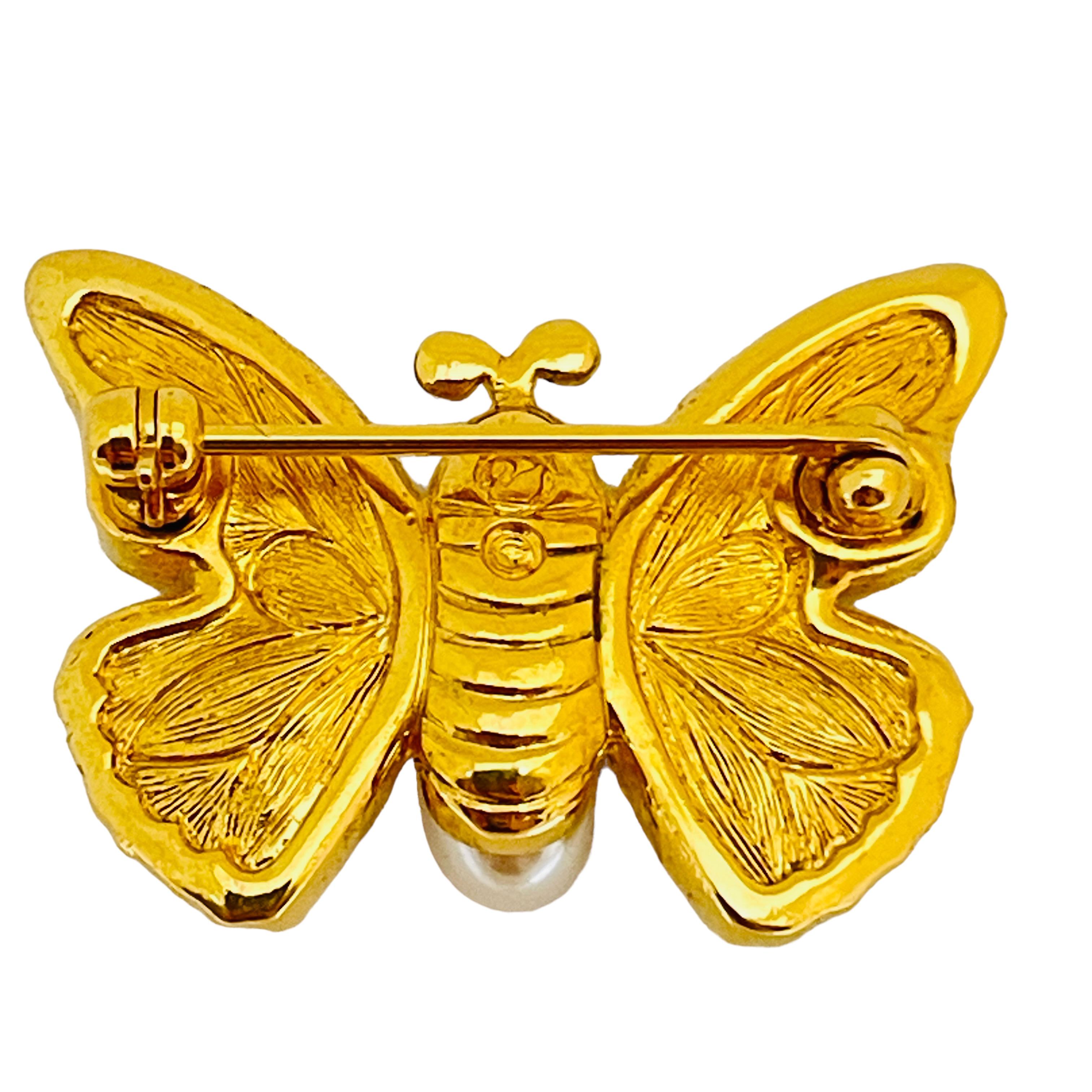 SWAROVSKI signed gold pearl crystals butterfly designer runway brooch In Good Condition For Sale In Palos Hills, IL
