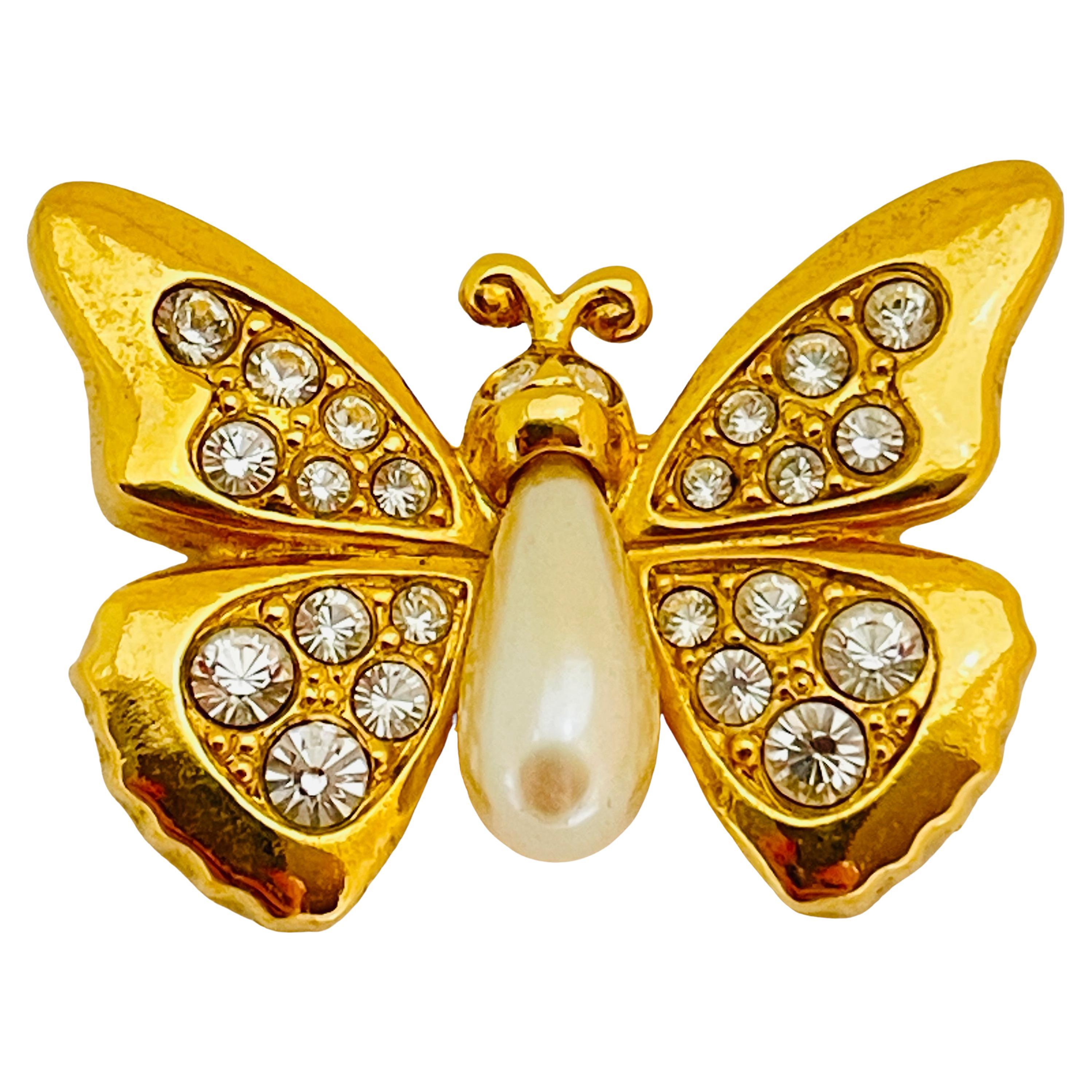 SWAROVSKI signed gold pearl crystals butterfly designer runway brooch For Sale