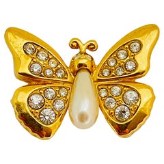 SWAROVSKI broche de oro firmado perla cristales mariposa diseñador pasarela