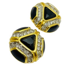 SWAROVSKI signed gold plated black crystals designer runway clip on earrings