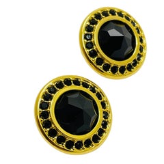 SWAROVSKI signed gold plated black crystals designer runway earrings