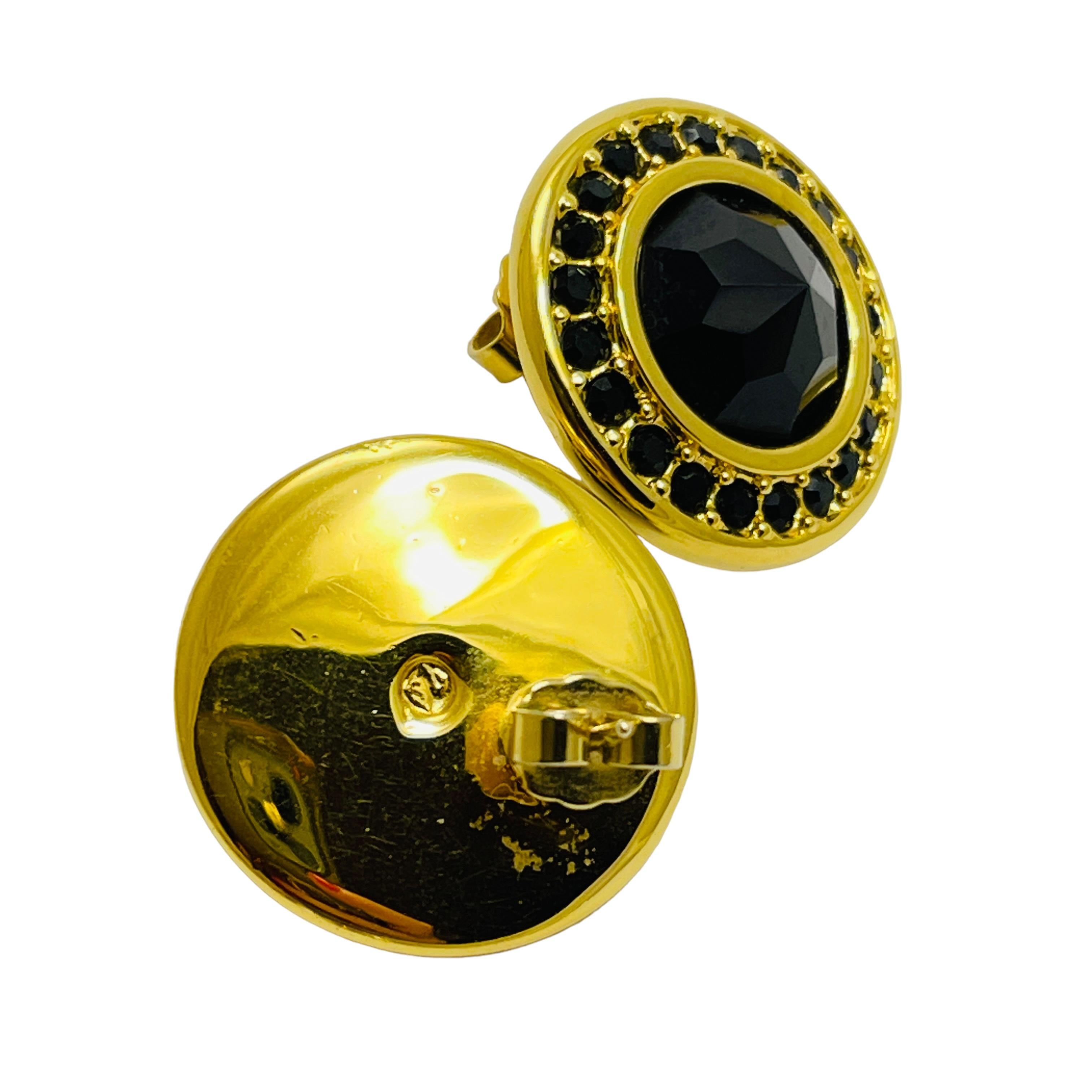 SWAROVSKI signed gold plated black crystals designer runway earrings In Good Condition For Sale In Palos Hills, IL