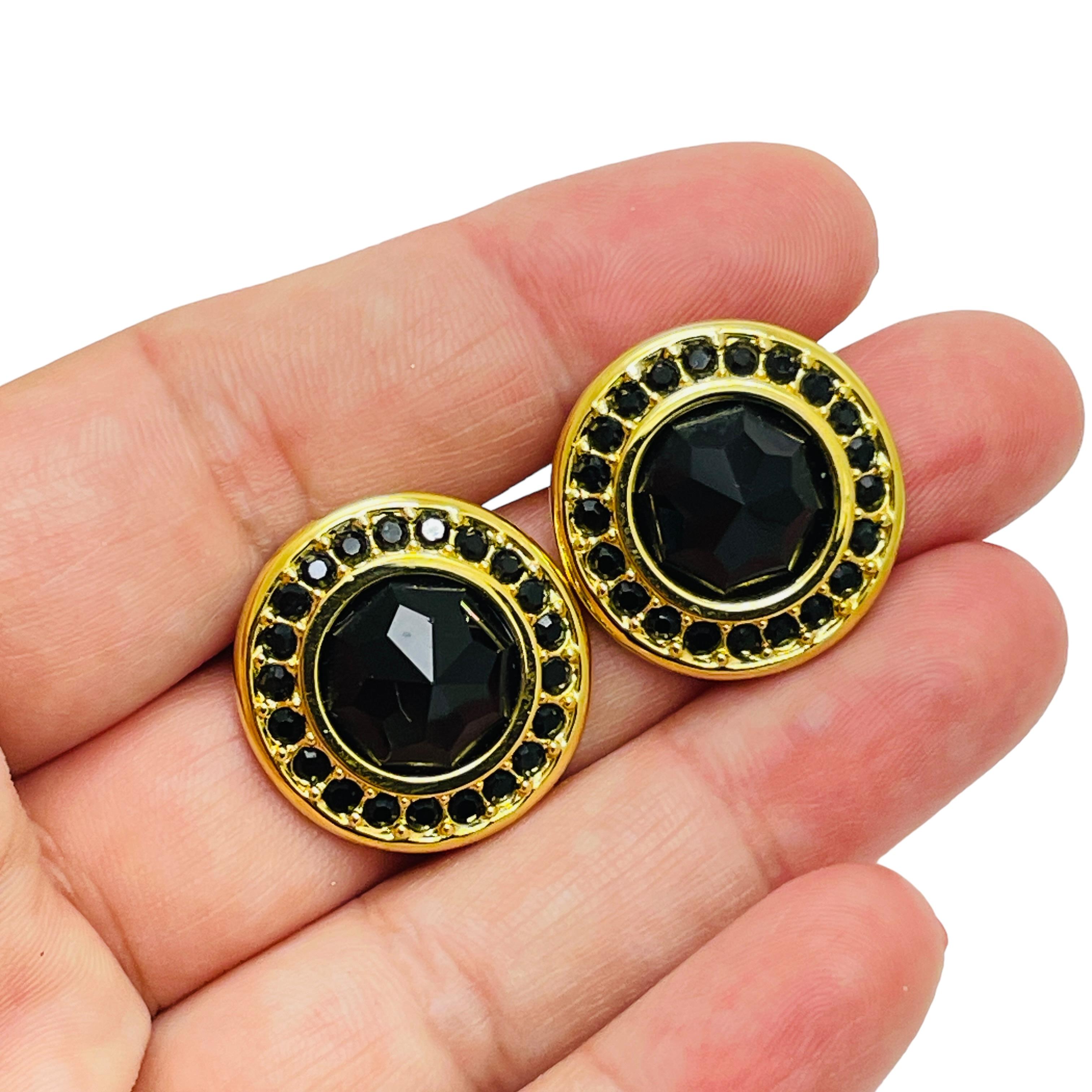 Women's SWAROVSKI signed gold plated black crystals designer runway earrings For Sale
