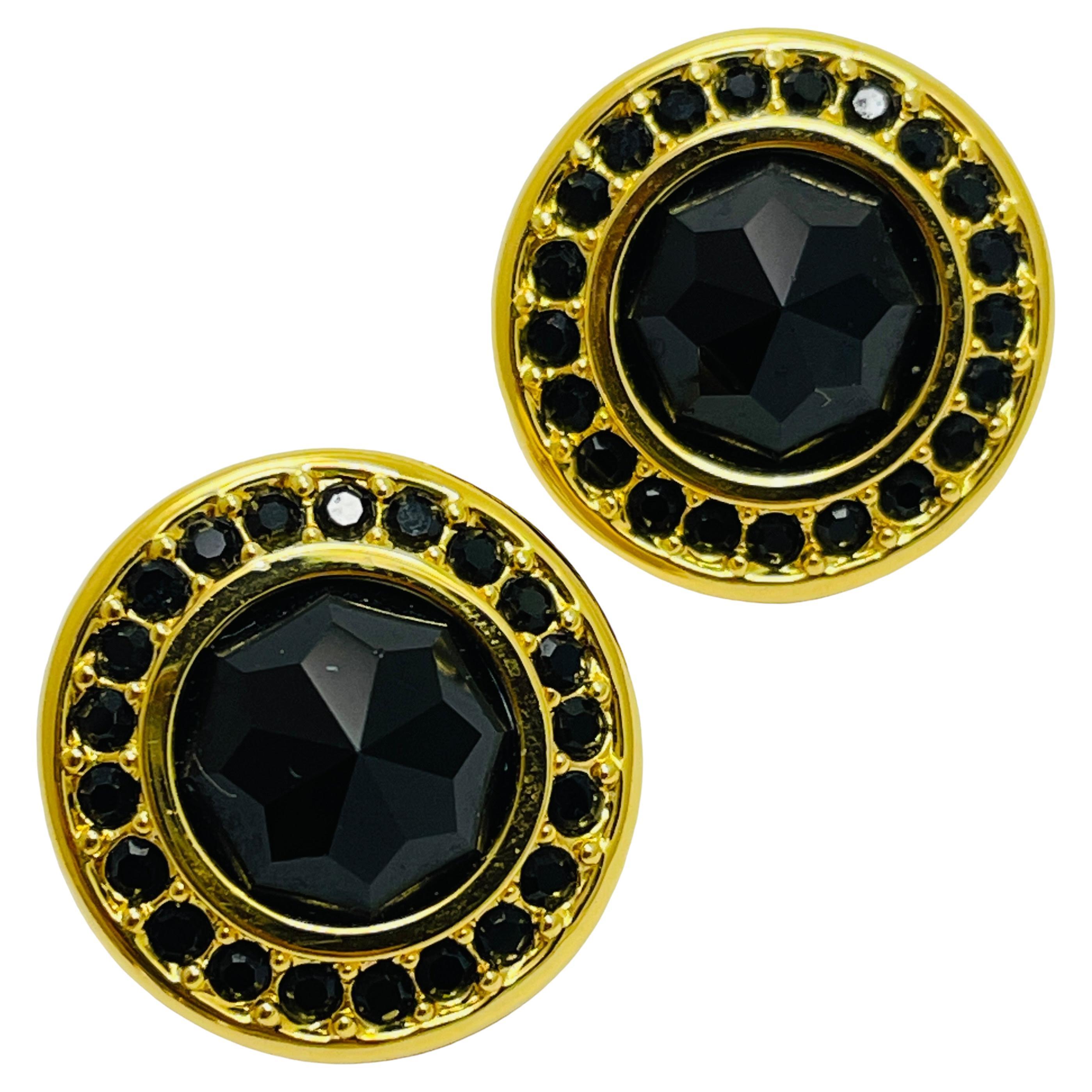 SWAROVSKI signed gold plated black crystals designer runway earrings For Sale
