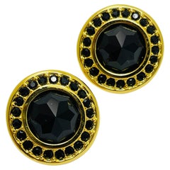 SWAROVSKI signed gold plated black crystals designer runway earrings