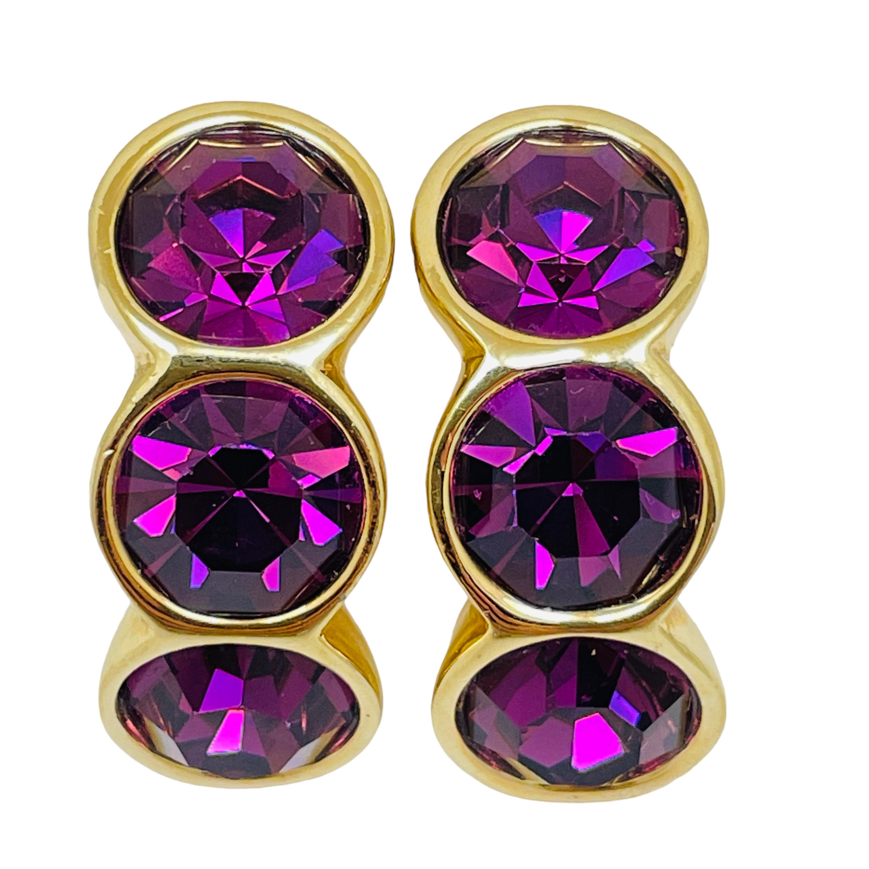 Swarovski firmato vintage placcato oro con cristalli di ametista, orecchini a clip di design