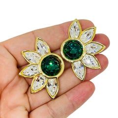 SWAROVSKI signed vintage gold plated emerald crystal designer clip on earrings