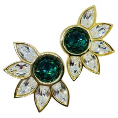 SWAROVSKI signed vintage gold plated emerald crystal designer clip on earrings