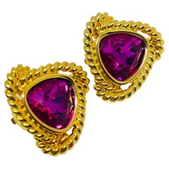 SWAROVSKI signed vintage gold plated pink crystals designer clip on earrings