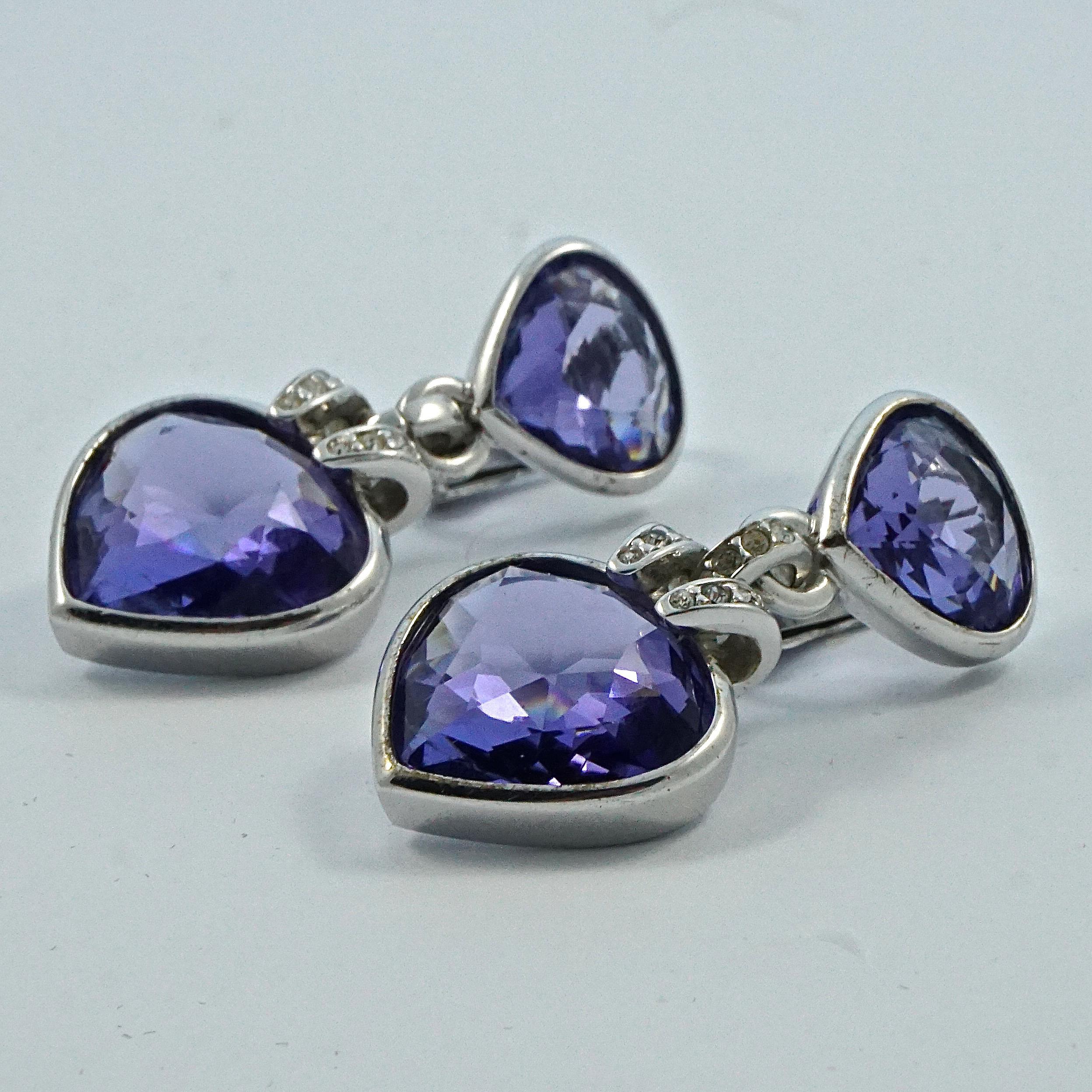 Mixed Cut Swarovski Silver Plated Purple and Clear Crystal Drop Clip On Earrings