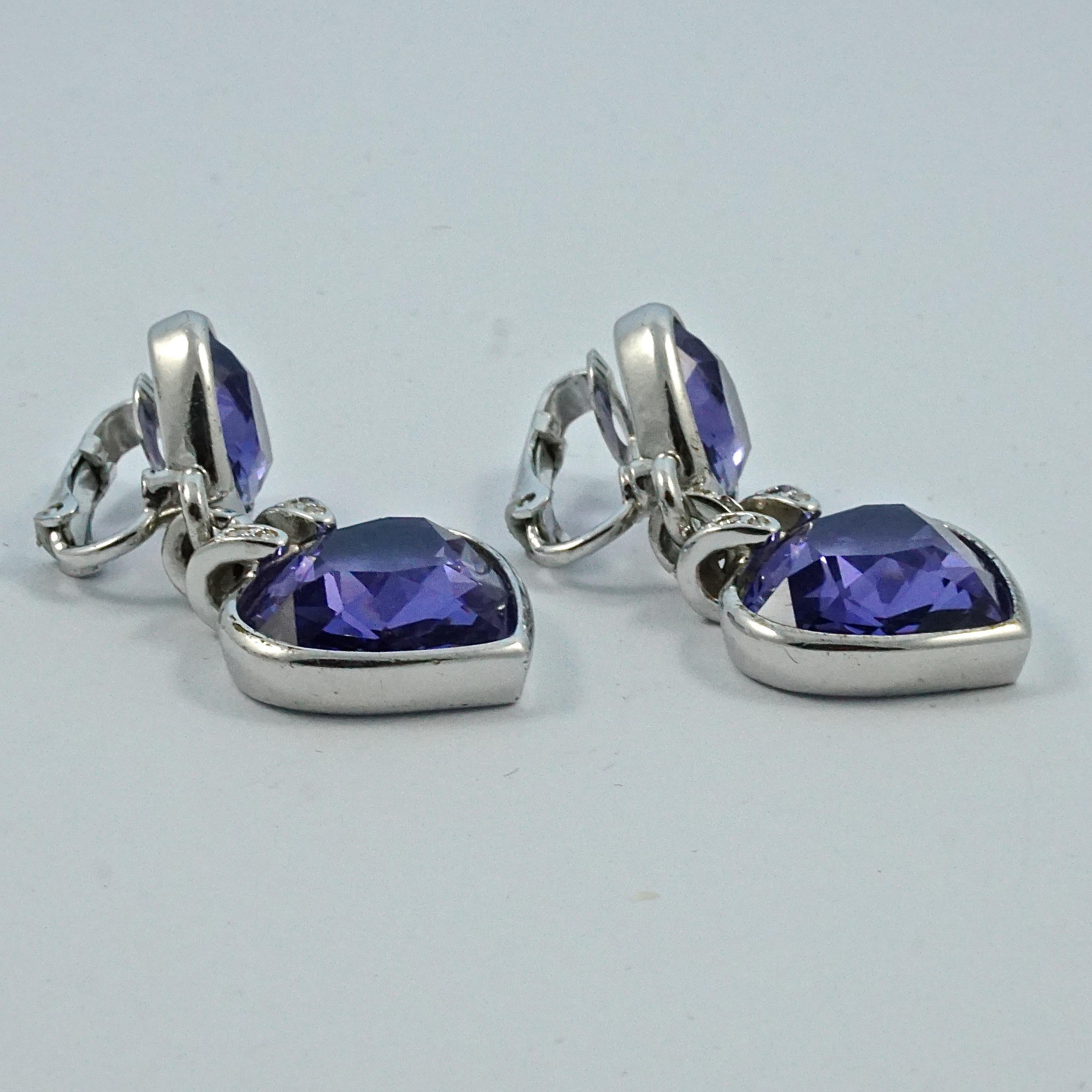Swarovski Silver Plated Purple and Clear Crystal Drop Clip On Earrings In Good Condition In London, GB