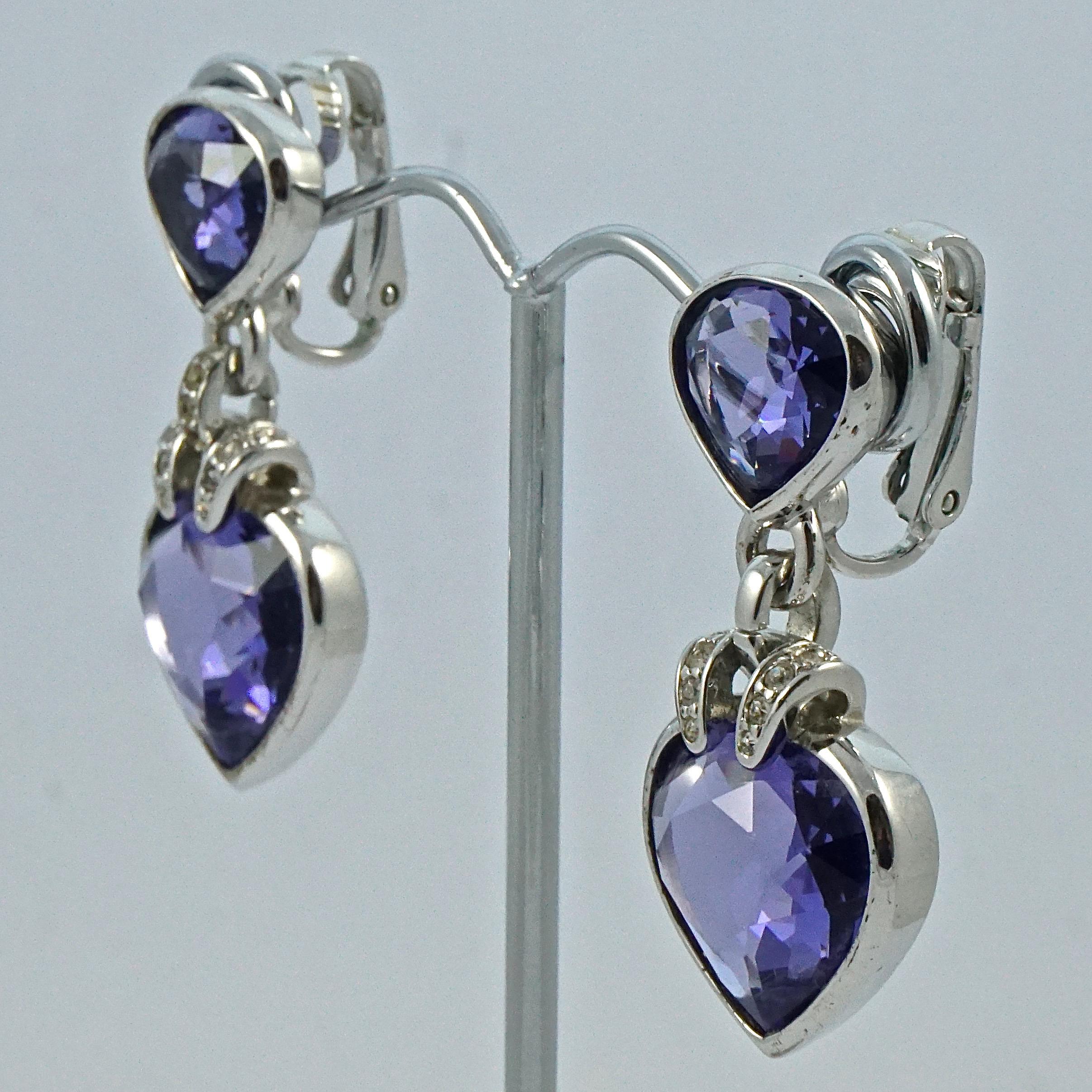 Women's or Men's Swarovski Silver Plated Purple and Clear Crystal Drop Clip On Earrings