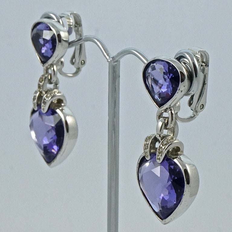 Swarovski Silver Plated Purple and Clear Crystal Drop Clip On Earrings For  Sale at 1stDibs