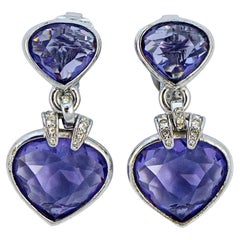 Retro Swarovski Silver Plated Purple and Clear Crystal Drop Clip On Earrings