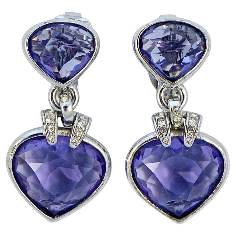 Swarovski Silver Plated Purple and Clear Crystal Drop Clip On Earrings For  Sale at 1stDibs