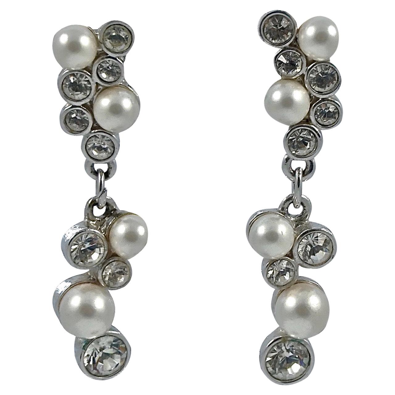 Swarovski Silver Tone Clear Crystal and White Faux Pearl Swan Logo Drop Earrings For Sale