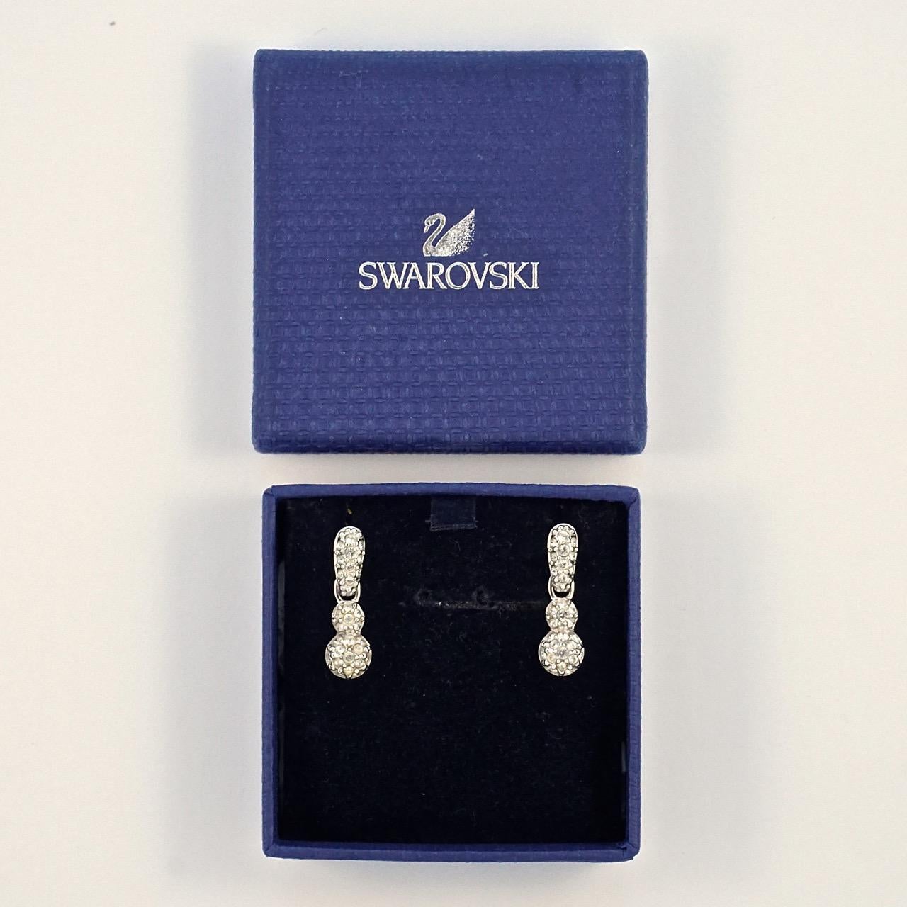 Round Cut Swarovski Silver Tone Clear Crystal Swan Logo Drop Earrings