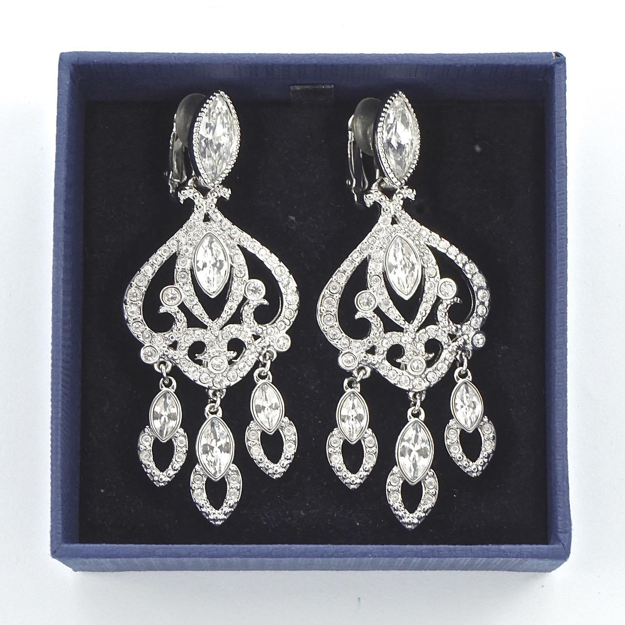 Swarovski Silver Tone Marquise and Round Crystal Swan Logo Chandelier Earrings For Sale 5