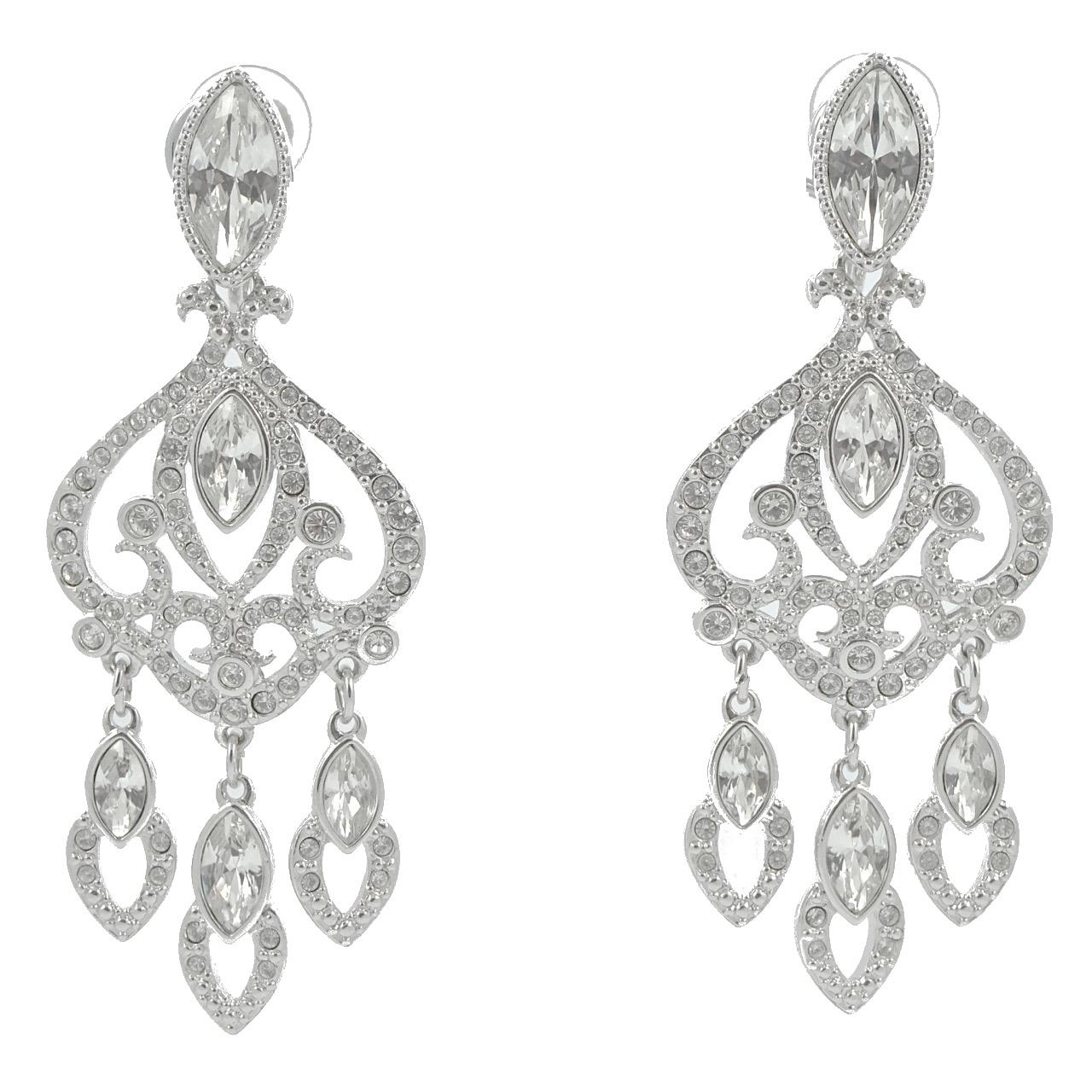 Marquise Cut Swarovski Silver Tone Marquise and Round Crystal Swan Logo Chandelier Earrings For Sale