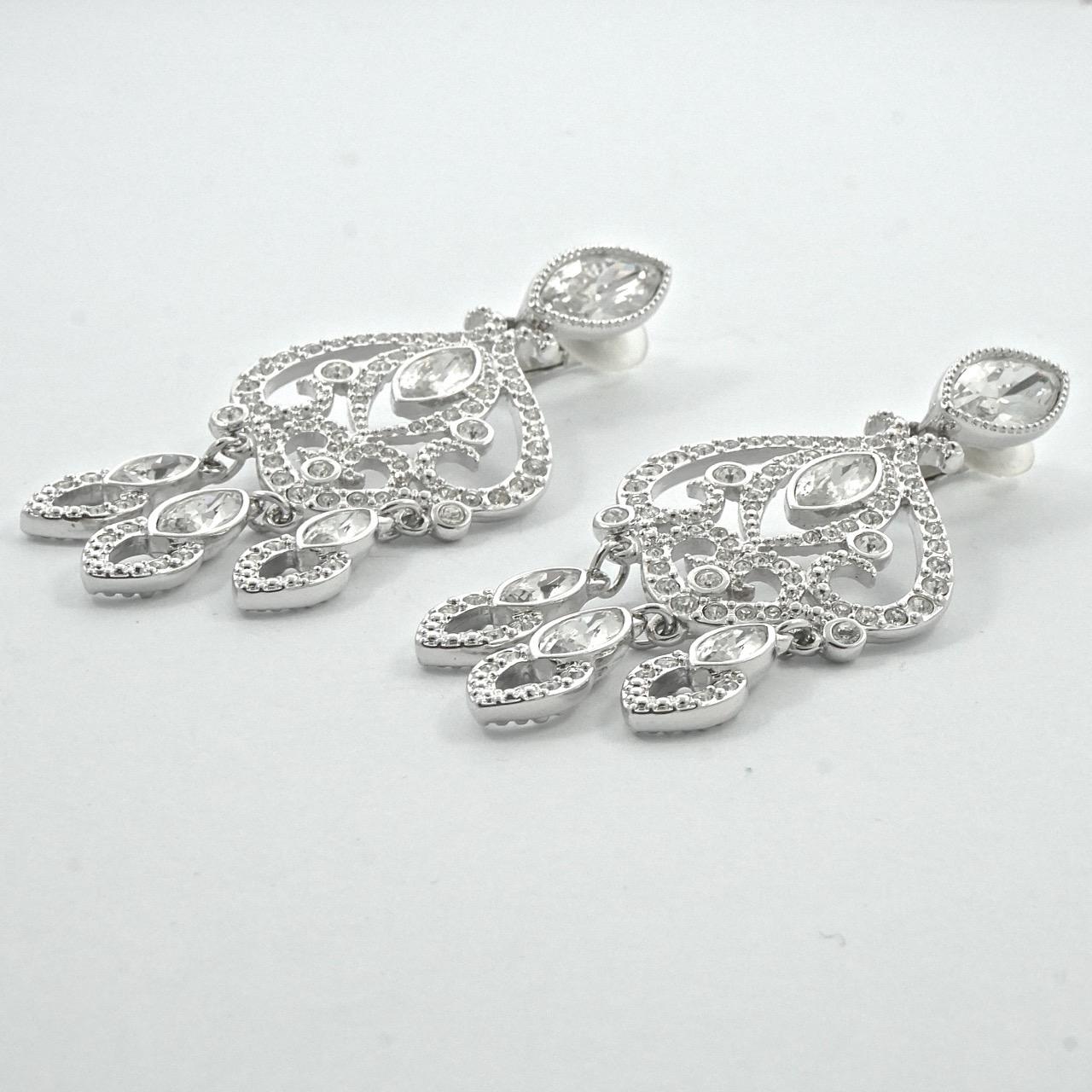 Swarovski Silver Tone Marquise and Round Crystal Swan Logo Chandelier Earrings For Sale 3