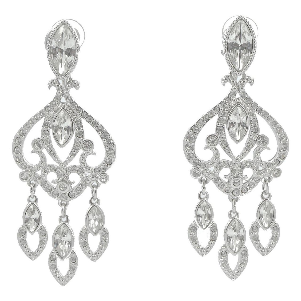 Swarovski Silberfarbene Marquise und runder Kristall Swan Logo Kronleuchter Ohrringe im Angebot