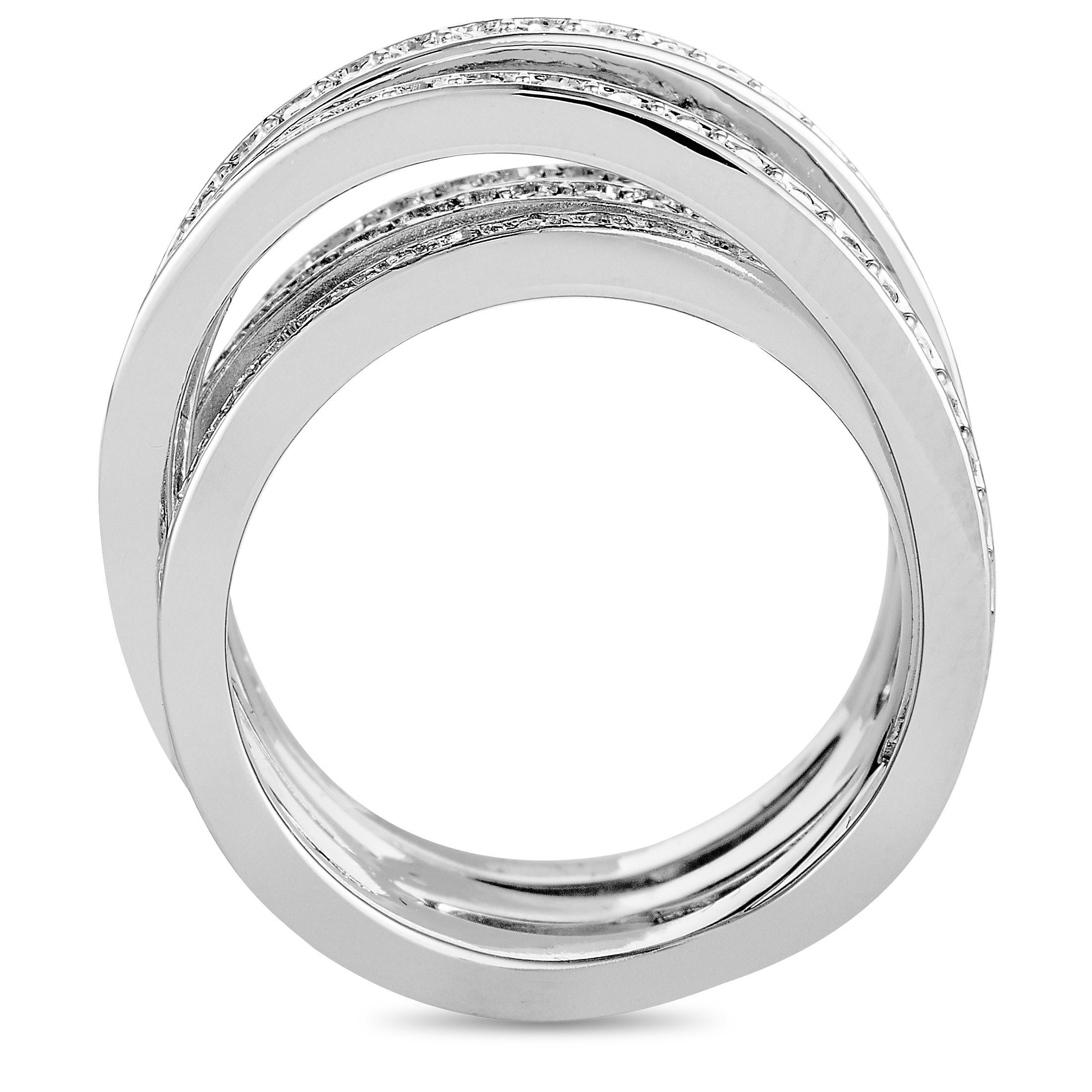 The Swarovski “Spiral” ring is made out of stainless steel and crystals and weighs 8 grams. It boasts band thickness of 10 mm and top height of 6 mm, while top dimensions measure 22 by 12 mm.
 
 Offered in brand new condition, this item includes