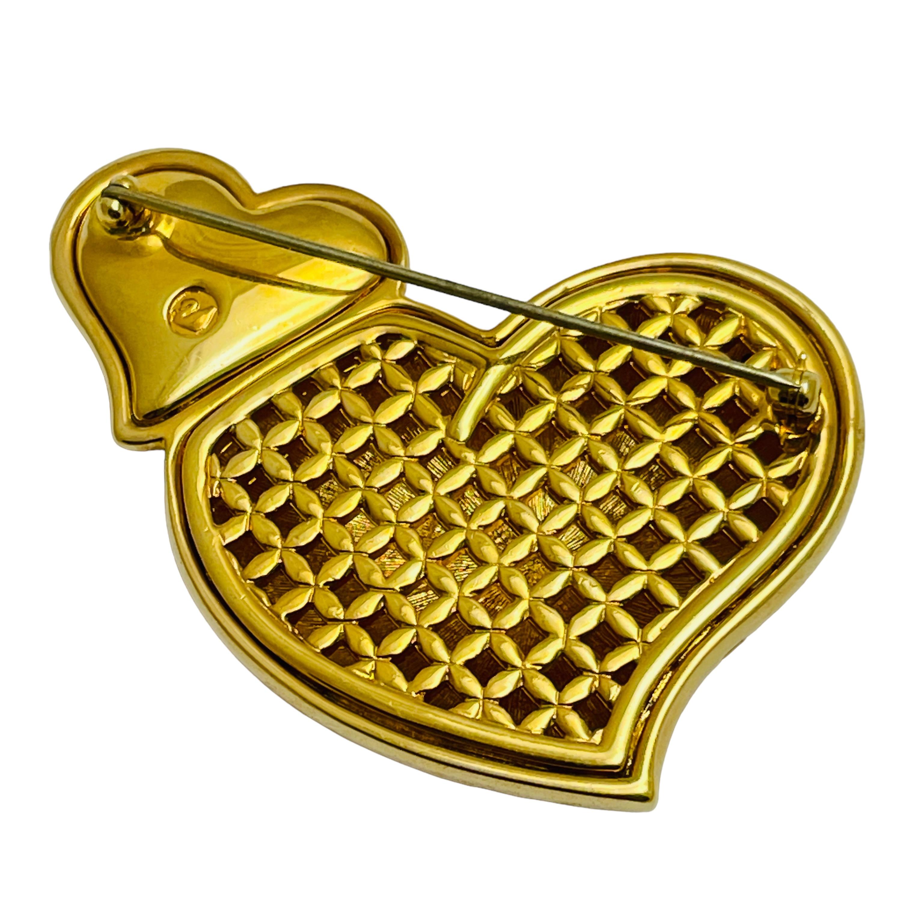 SWAROVSKI swan logo signed gold plated crystals heart designer brooch In Good Condition For Sale In Palos Hills, IL