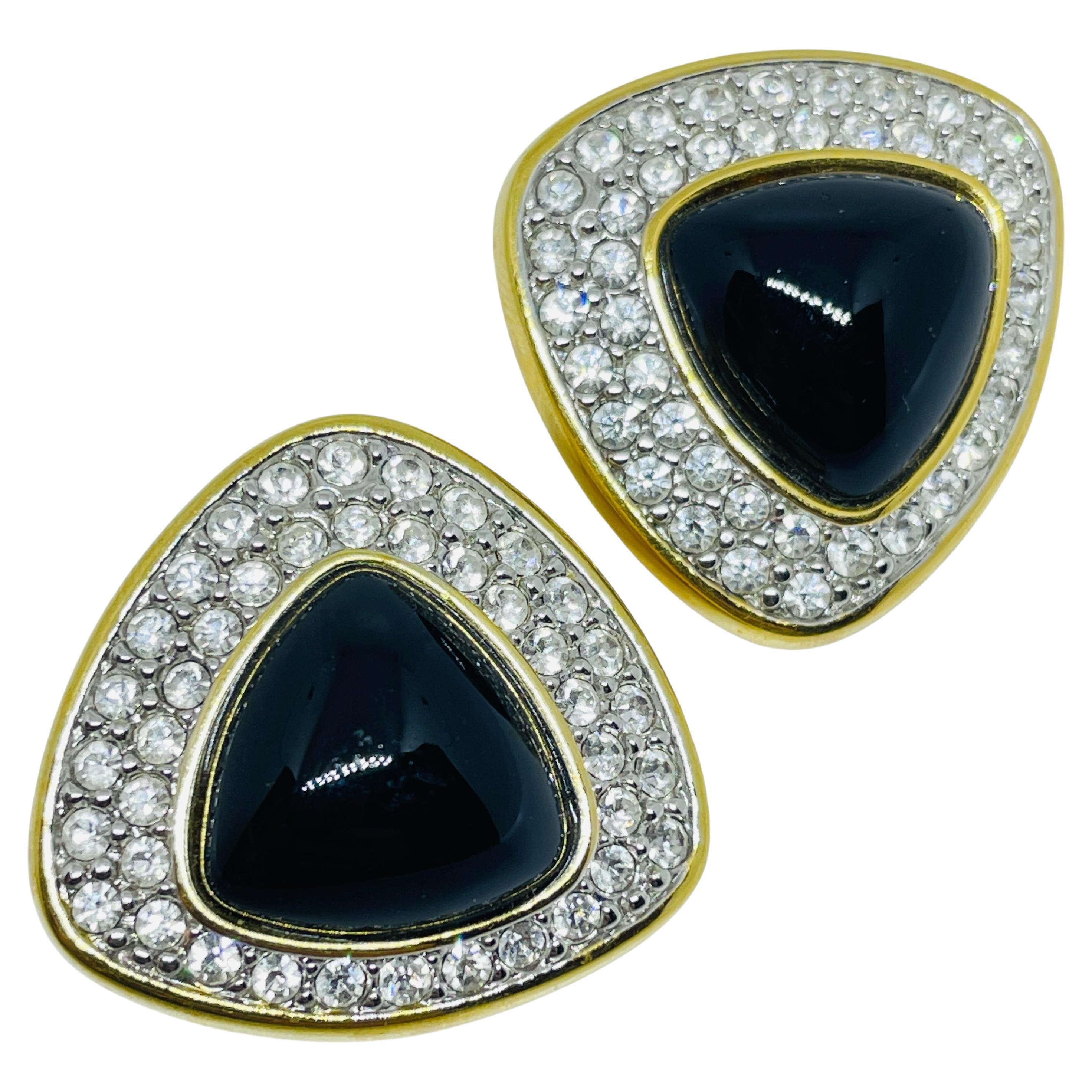 SWAROVSKI swan logo signed vintage gold plated crystal designer clip on earrings