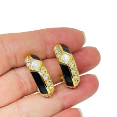 SWAROVSKI swan mark vintage gold plated crystals enamel designer clip earrings