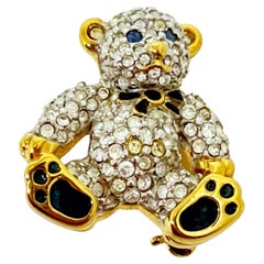 SWAROVSKI swan signed gold plated crystal blue enamel teddy bear brooch
