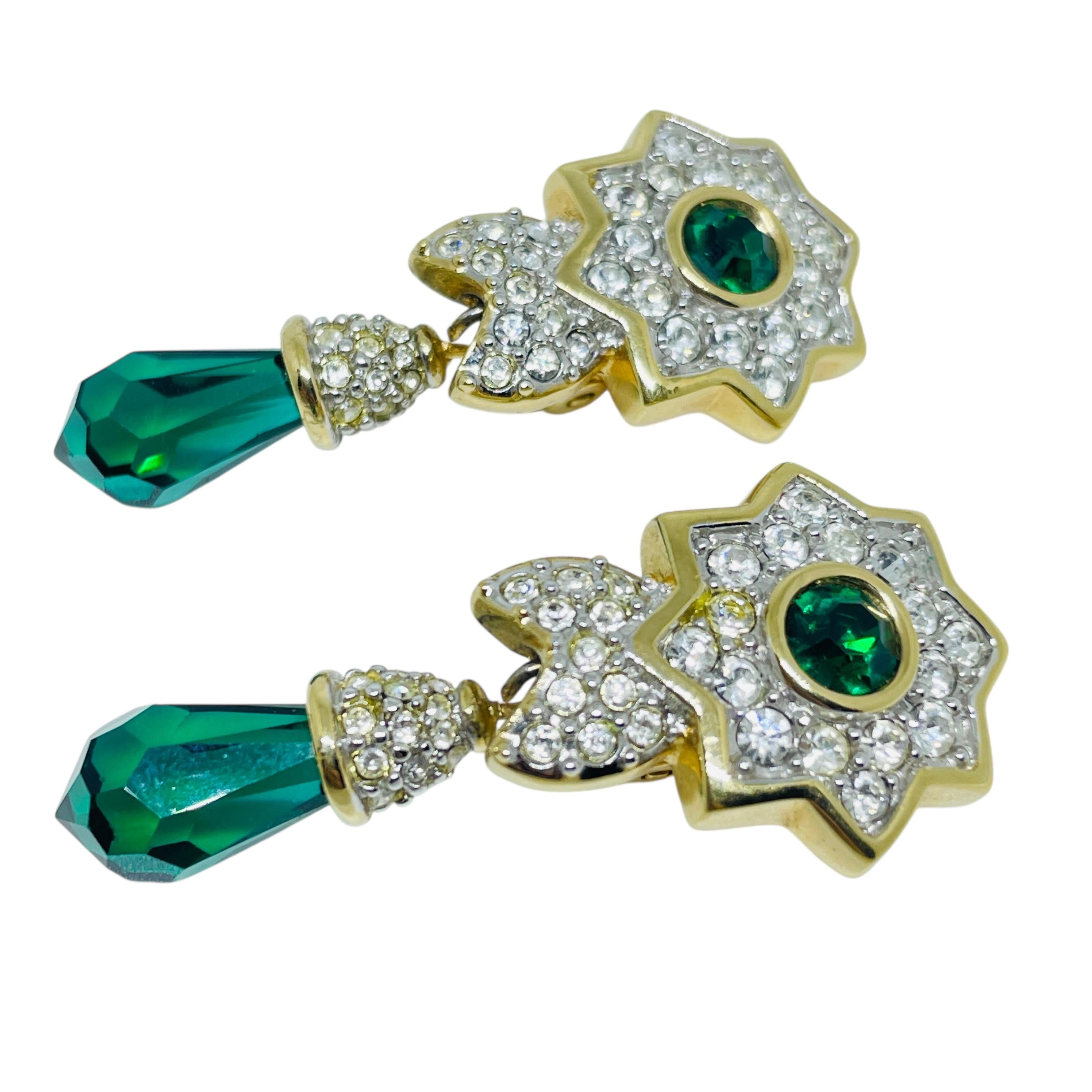 Femenino o masculino SWAROVSKI cisne firmado chapado en oro esmeralda cristal gota diseñador clip en pendientes en venta