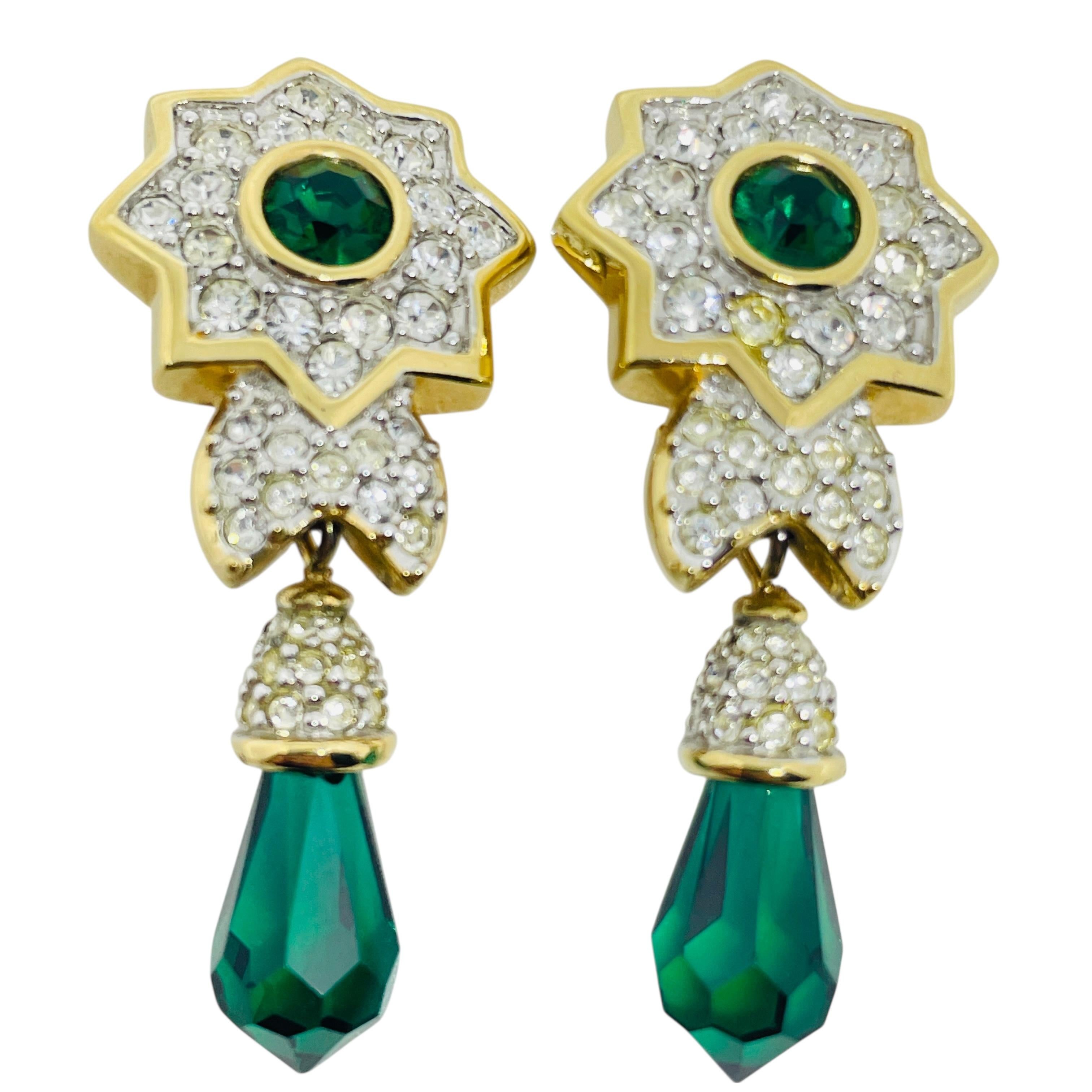 SWAROVSKI cisne firmado chapado en oro esmeralda cristal gota diseñador clip en pendientes en venta 1