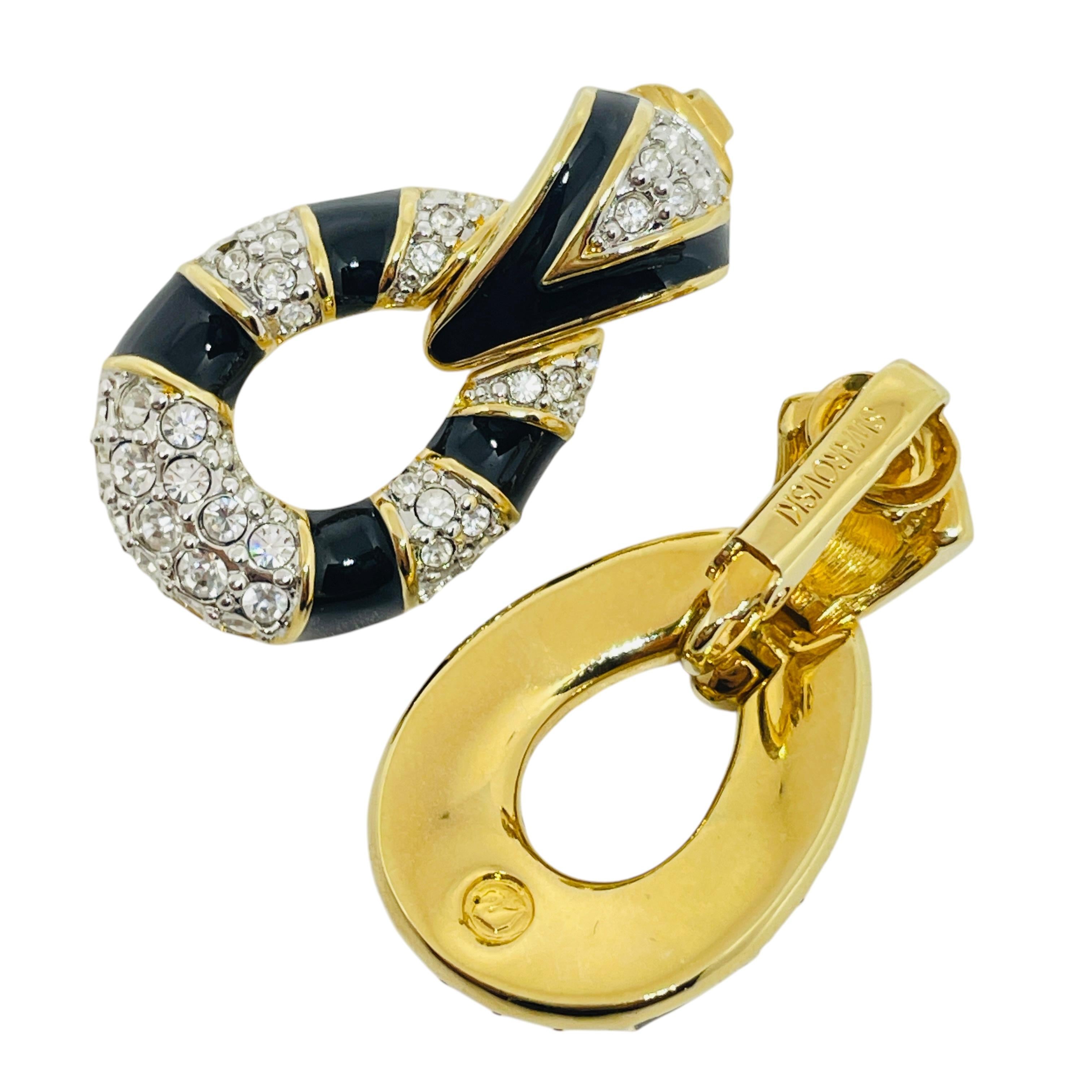 SWAROVSKI swan signed gold plated enamel rhinestone designer clip on earrings In Good Condition For Sale In Palos Hills, IL