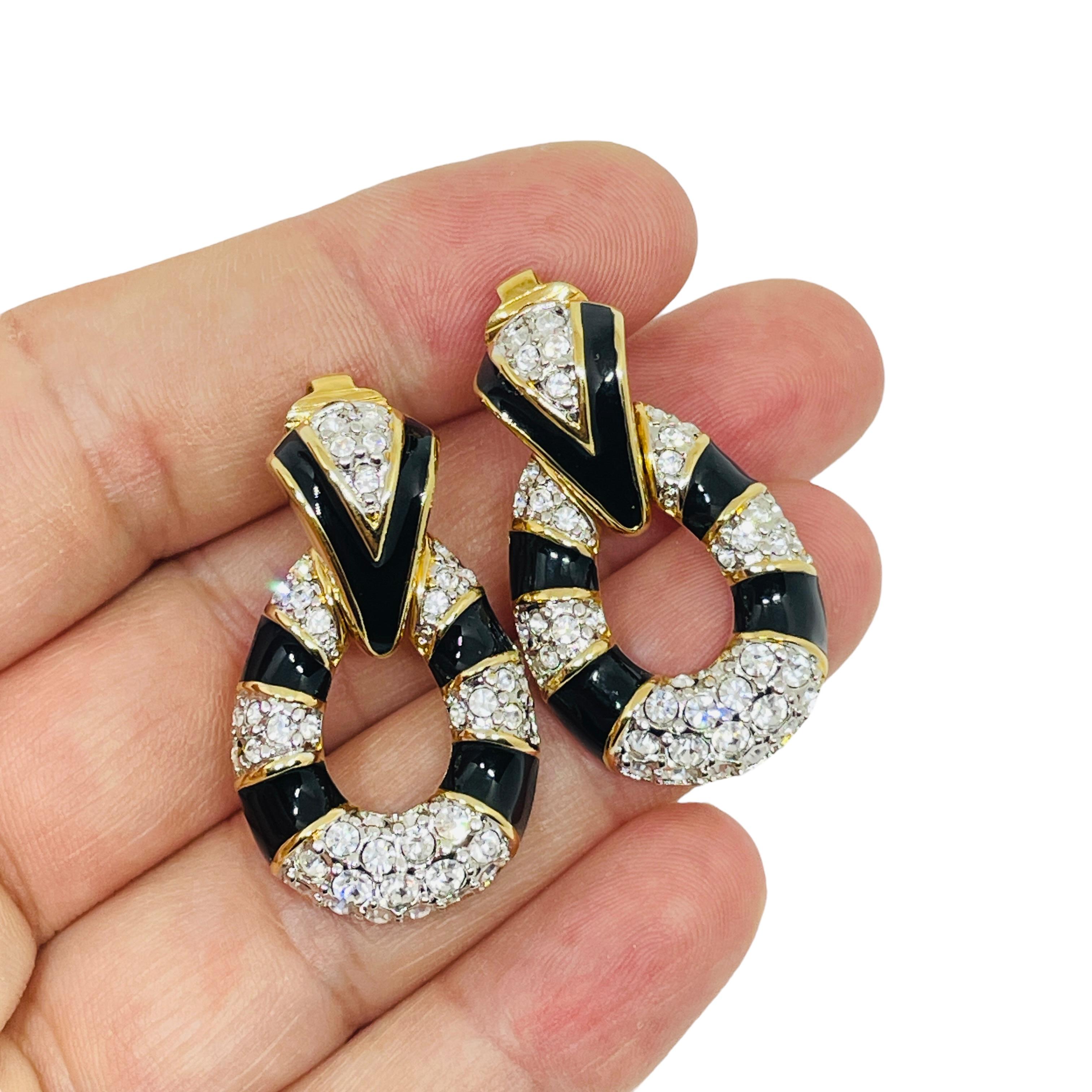 Women's SWAROVSKI swan signed gold plated enamel rhinestone designer clip on earrings For Sale