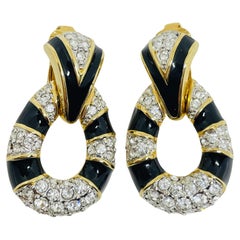 SWAROVSKI swan signed gold plated enamel rhinestone designer clip on earrings