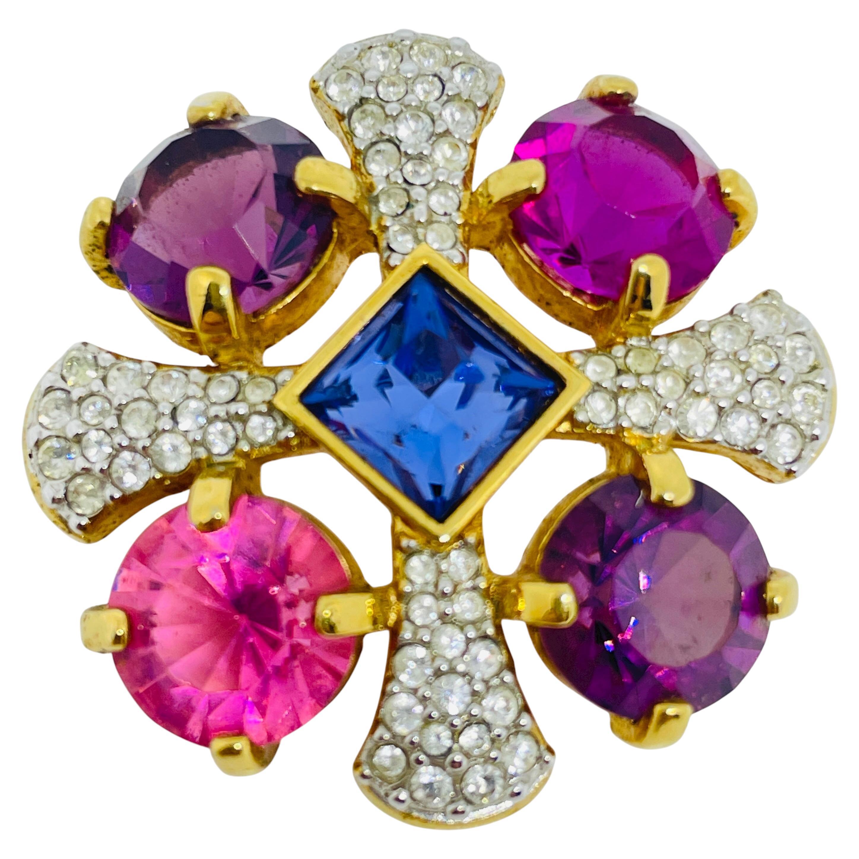 Swarovski broche de créateur signée cygne plaqué or rose cristaux croix de malte