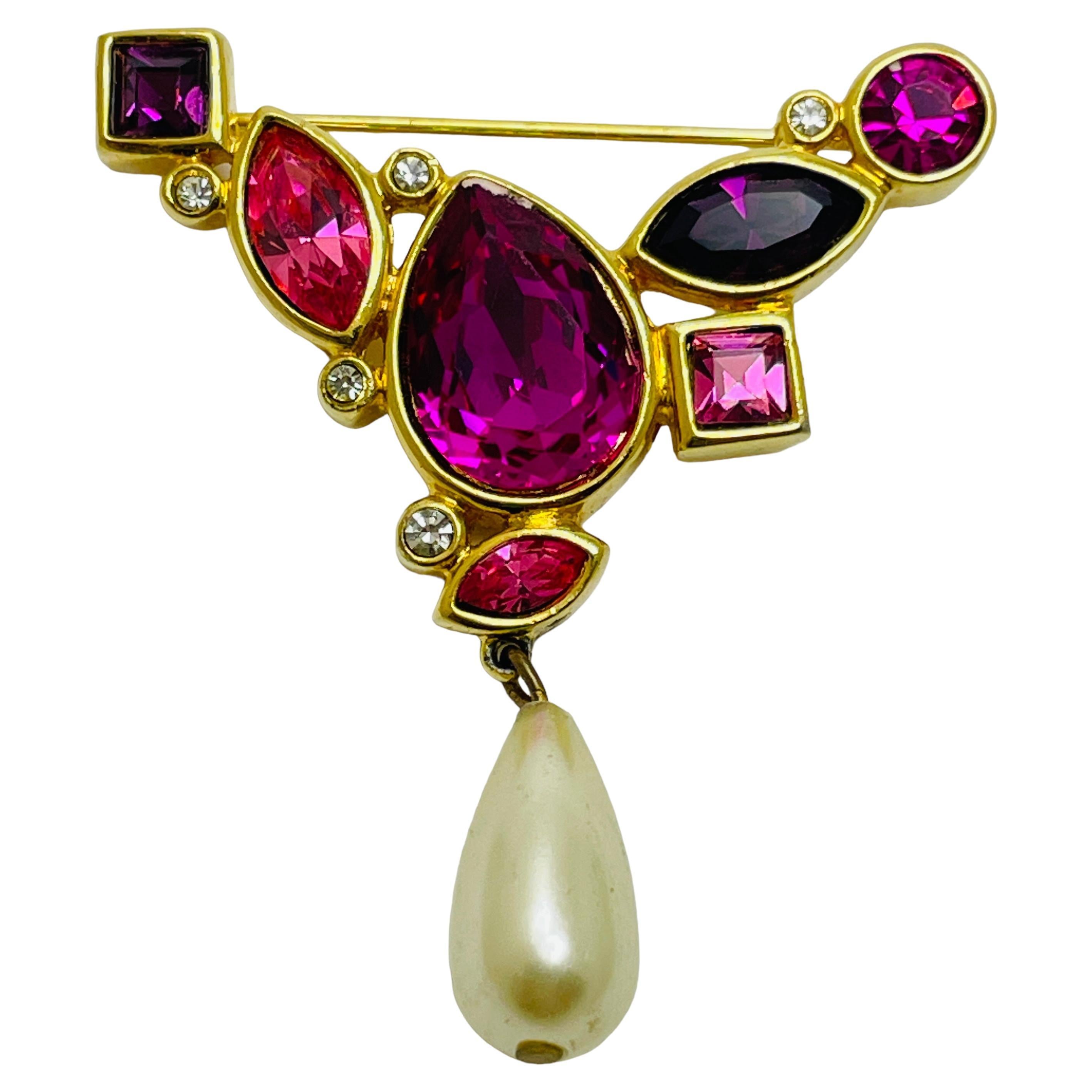 SWAROVSKI swan signed gold plated pink purple crystal drop pearl designer brooch