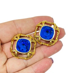 SWAROVSKI swan signed gold plated sapphire crystal designer 80's post earrings