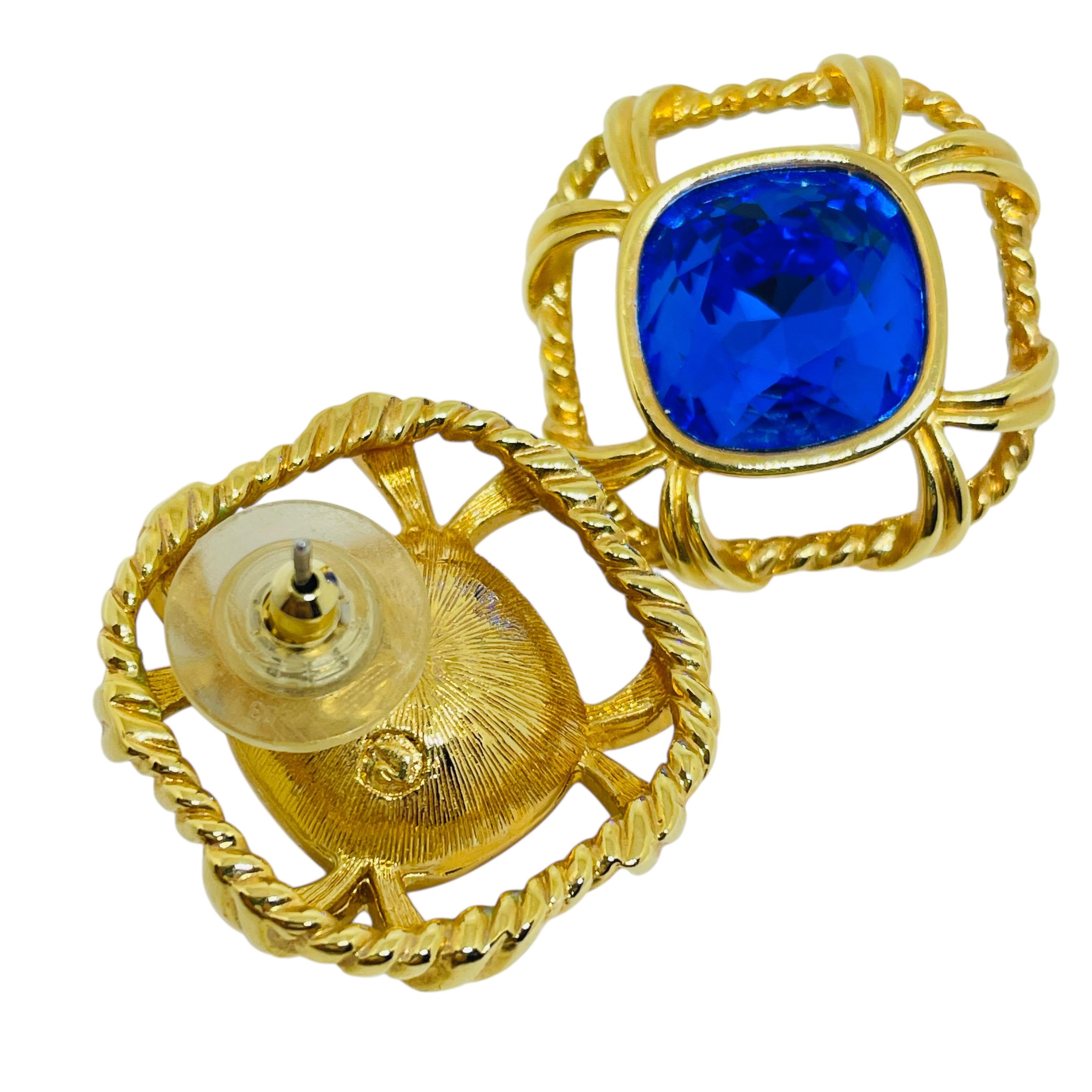 SWAROVSKI swan signed gold plated sapphire crystal designer 80's post earrings In Good Condition For Sale In Palos Hills, IL